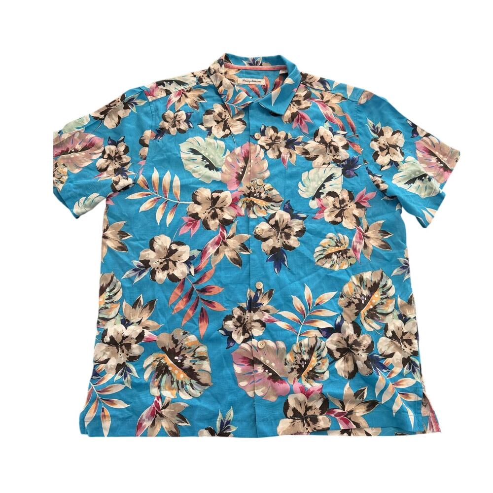 Tommy Bahama Men’s Large Silk Coolmax Hawaiian Shirt Blue Tropical Floral